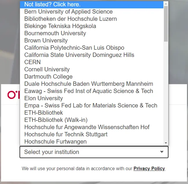 Screenshot of institution list