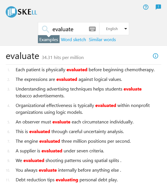 SKELL showing examples of sentences that contain ‘evaluate’