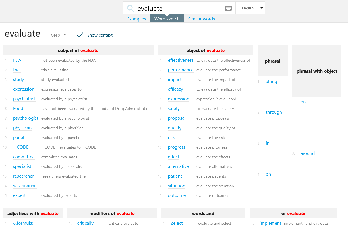 SKELL showing collocations of ‘evaluate’