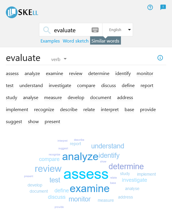 SKELL showing words similar to ‘evaluate’